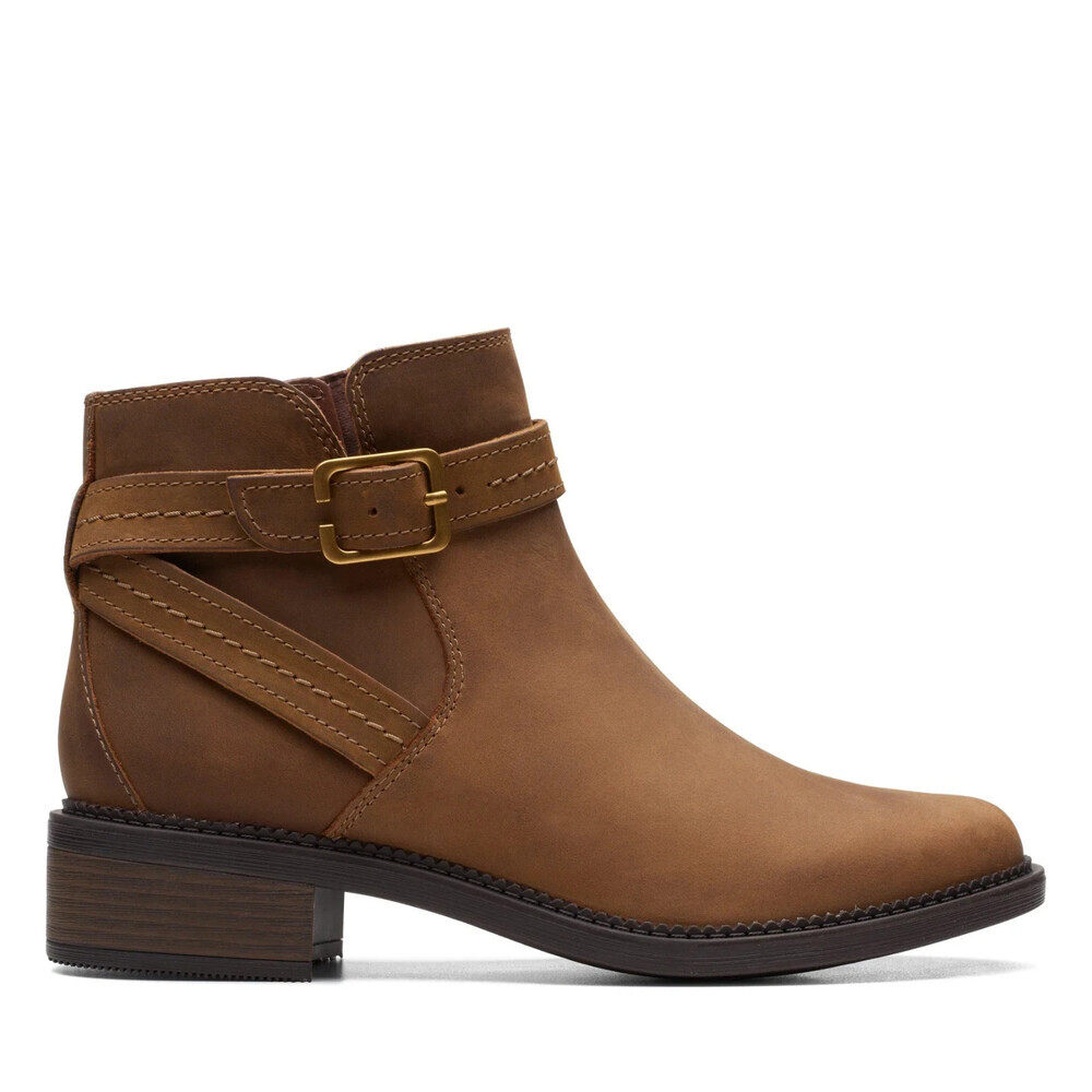 Clarks Maye Boots Women's US 7.5 Dark Tan Leather Ankle Strap Bootie LION129